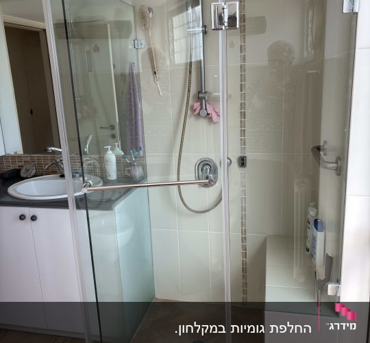 מקלחת עם דלת זכוכית, ראש מקלחת ומדף עם מוצרים